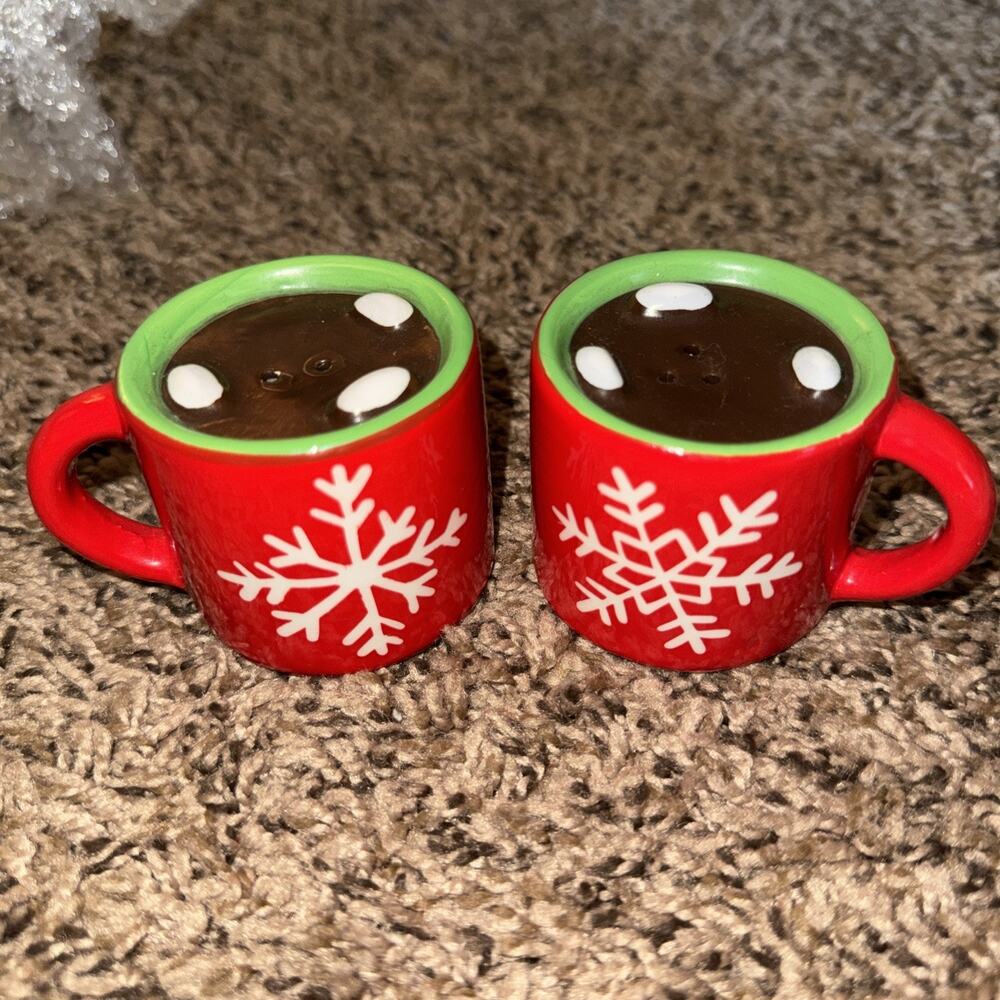 Sleigh Bell Bistro Hot Cocoa Mugs Salt & Pepper shakers, Red w/ white snowflakes